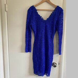 Susan Roselli Royal Blue Lace Bodycon Dress Women 12 Long Sleeve V Neck Cocktail